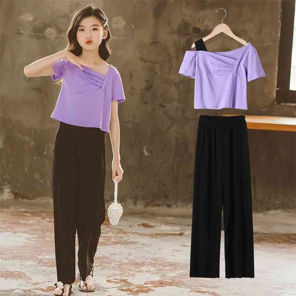

fashion toddler girl clothes set summer strap short sleeve t-shirts and black loose trousers 2 pcs children solid color outfits 210622, White