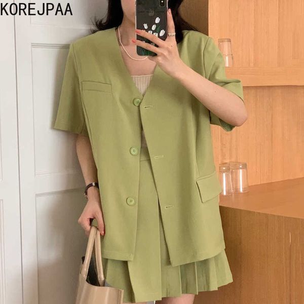 

korejpaa women set summer korean chic ladies french v-neck three-button loose suit short jacket high-waist pleated skirt 210526, White