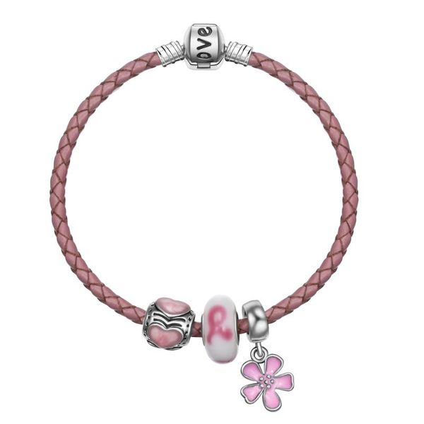 

link, chain elegant leather bracelet pink flower pendant charms beads bangle for womens gift jewelry, Black