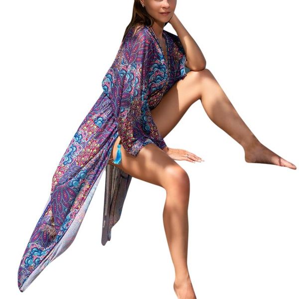 

summer female beach dress floral print long sleeve one-piece bikini covers cardigan coat for women blue/purple, White;black