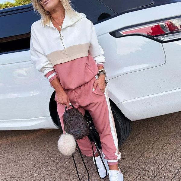 

two piece dress 2 outfits for women colorblock zipped hooded & drawstring design pant sets casual joggers suit, White
