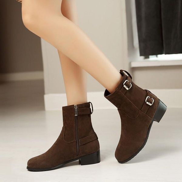 

boots big size european and american style round head square heel side zipper belt buckle leisure, Black