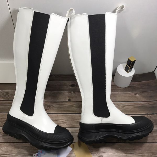 

women's designer platform tread slick knee boots white microfiber leather chelsea boot, Black
