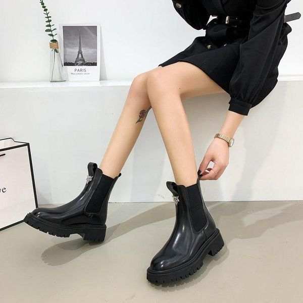 

boots european and american with round toe square heel in winter 2021, Black