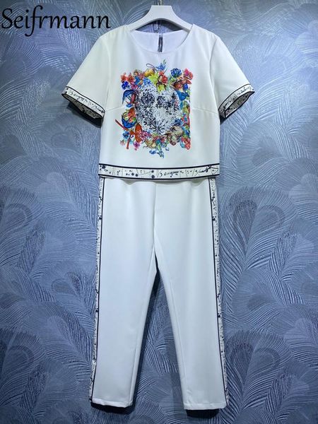 

women's two piece pants seifrmann 2021 autumn women fashion runway 2 piecesÂ sets short sleeve crystal sequined tees + high waist print, White