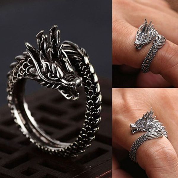 Fantastici anelli di apertura Uomo Donna Gioielli Anello drago regolabile in argento Buoni regali Anello punk gotico unisex in metallo animale in lega