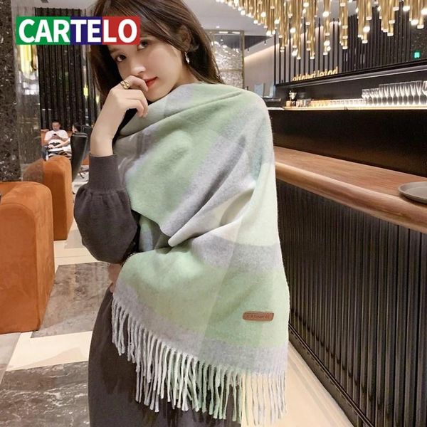

scarves cartelo autumn and winter ladies scarf shawl dual-use long cashmere plaid thick warm wool fashionable wild women, Blue;gray