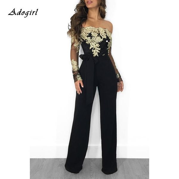 

women's jumpsuits & rompers plus size 6xl elegant patchwork lace black jumpsuit off shoulder long sleeve women slim wide leg pant overa, Black;white