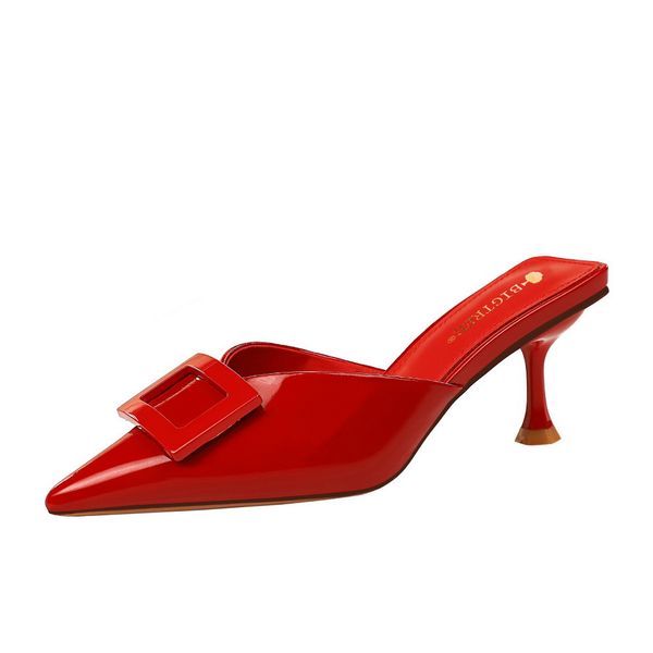 

korean-style simple high-heel patent leather v shallow mouth pointed solid color belt buckle versatile womens slippers, Black