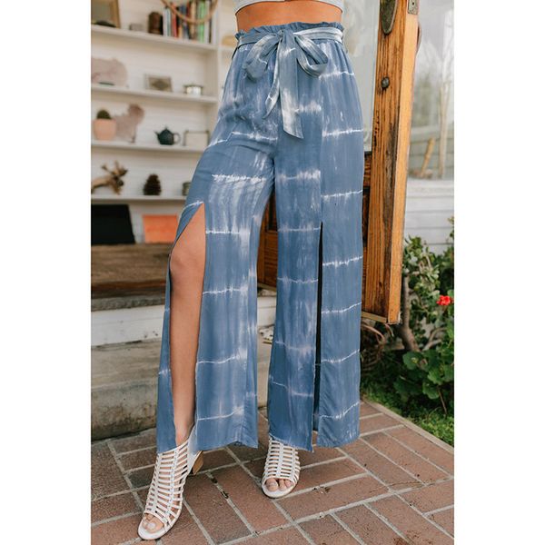 

2021 elastic high waist belt slit tie-dye printing wide leg female fashion casual loose pants womens plus size lj7e, Black;white