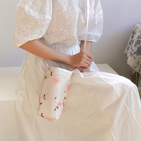 Sacos de Noite Bordado Flor Crossbody Bag Canvas Mini Ombro Mensageiro Mulheres Casual Mão Mão Simples Bolsa de Copo de Água