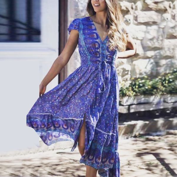 

2021 new backless deep v neck summer dresses women vintage blue cotton floral print maxi dress beach vestidos robe x70l, White
