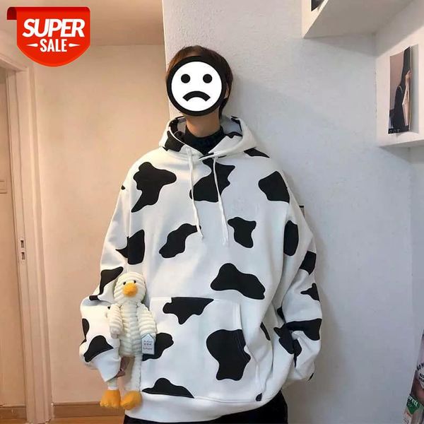 

Men Sweatshirt autumn winter fried street full print black white cow print loose lovers lazy sports hoodies men trendy brand #AZ6i
