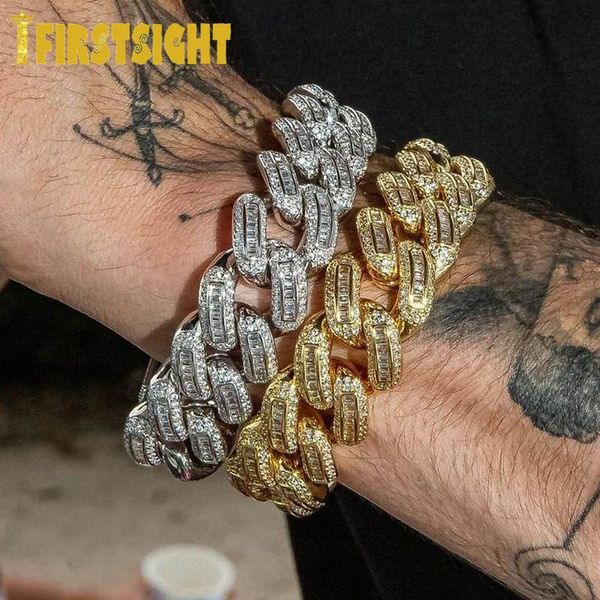 

charm bracelets iced out bling 18mm baguette cz heavy box clasp cuban link chain bracelet silver color 5a zircon big hip hop men women jewel, Golden;silver