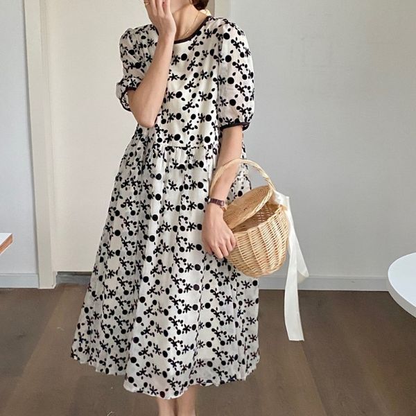 

casual dresses flocking floral dress loose and light mature korean female summer waist puff sleeve pfdu, Black;gray