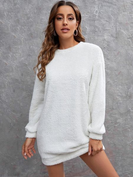 

drop shoulder teddy sweatshirt dress p0wi#, White;black