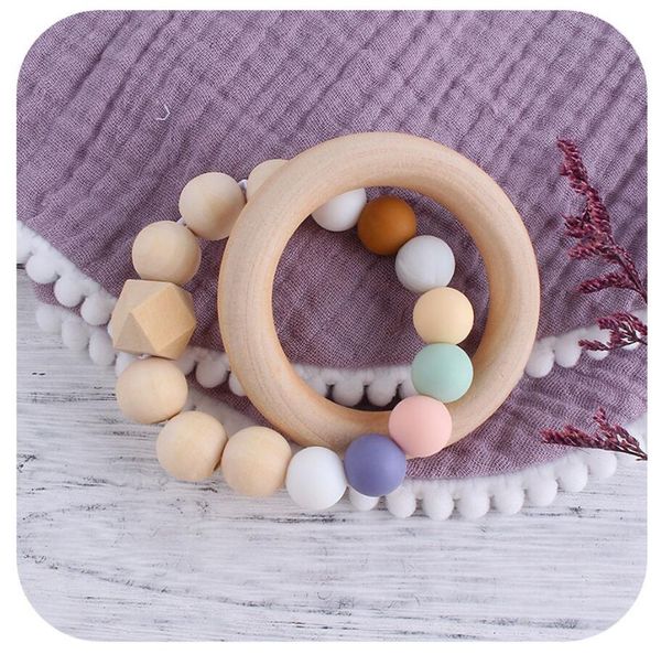 

ins korea baby silicone teethers candy color beads circle teething ring infant wood material