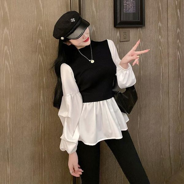 

autumn winter womens knitted women sweater patchwork fake two piece slim lantern sleeve tide pullover gd566, White;black
