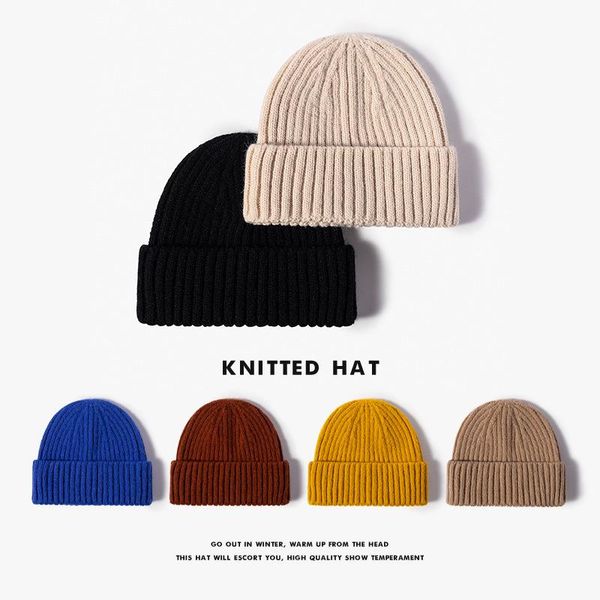 

beanies hat autumn and winter warm knit short melon leather men's dome woolen women's retro rimless cold tide