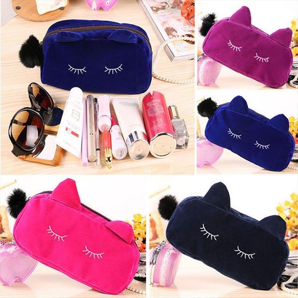 

women cosmetic cat pattern bag makeup case female organizer black blue pencil