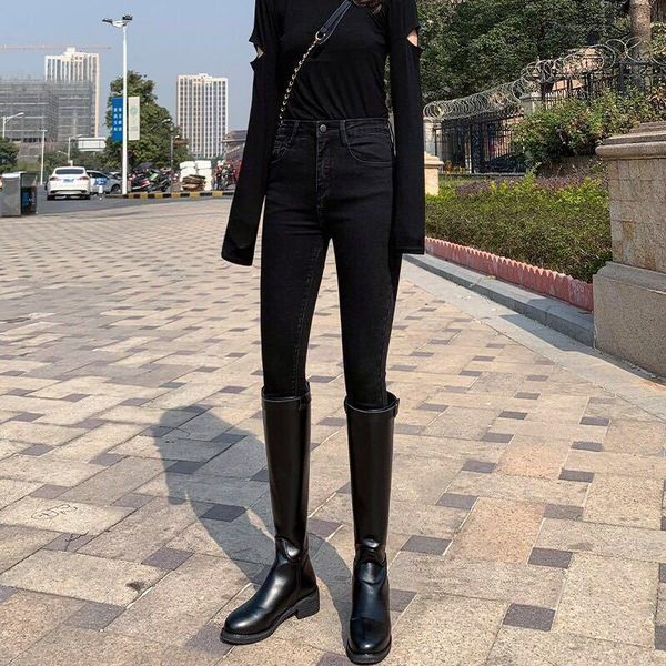 

plush black cropped women's leggings 2021 new high waist elastic jeans pencil pants for female students, Blue