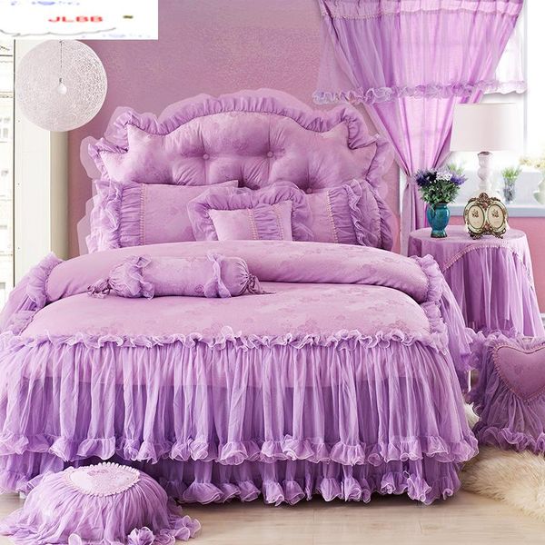 

purple lace princess wedding bedding sets bedspread 4pcs jacquard satin ruffles duvet cover luxury cotton bedclothes bed skirt