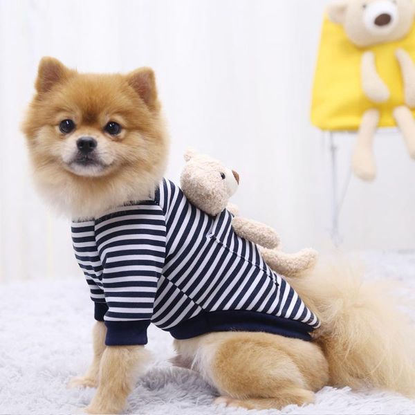 

pet clothes pocket bear fleece sweater dark blue striped hoodless two-legged dog clothes