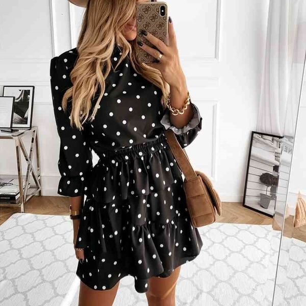 

casual dresses spring cascading ruffle polka dot women long sleeve turtleneck a line print elegant mini party vestidos 4kfb, Black;gray