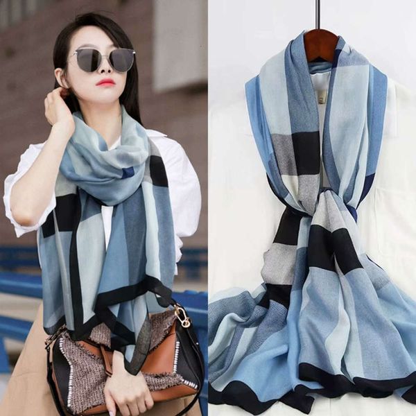 

autumn winter 2020 korean plaid cotton and hemp scarf for women, Blue;black