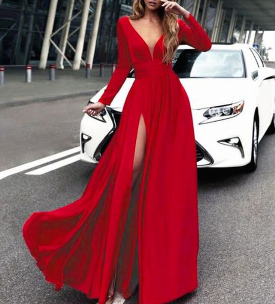 Sexy Side Split Lange Damen-Abschlussball-Partykleider, volle Ärmel, tiefer V-Ausschnitt, bodenlang, günstige Chiffon-Kleider für besondere Anlässe in Übergröße