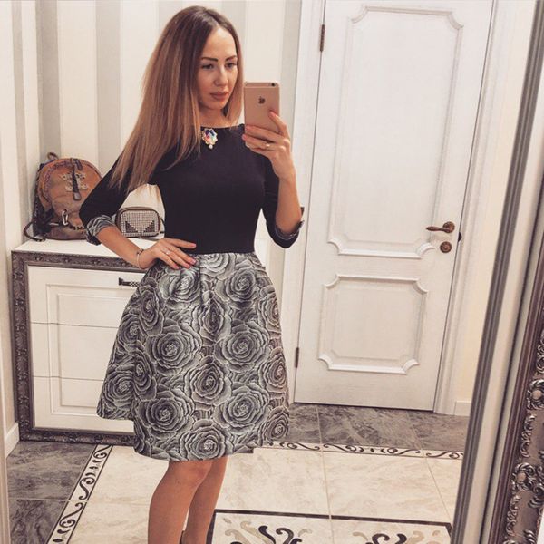 

mid sleeve stitched dress temperament commuter pocket skirt print, Black;gray