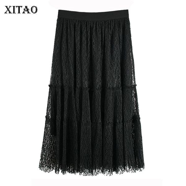

skirts xitao high waist hollow out skirt fashion women elastic lace 2021 spring elegant loose minority casual xj3910, Black
