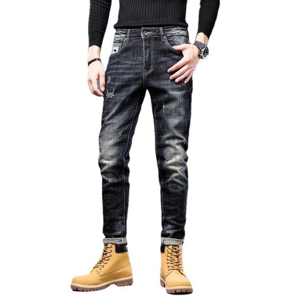 

men's jeans slim pants zipper straight stretch gentleman, Blue