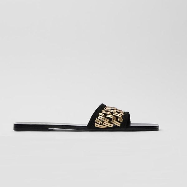 

slippers women's shoes 2021 summer home outdoor gold woven flat sandals flats fashion beach slides sandaias flip flops, Black