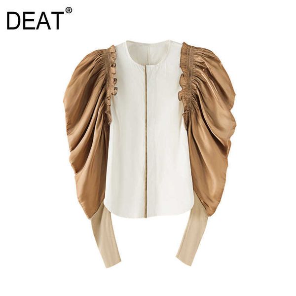 

[deat] white personality long sleeve splicing round neck puff loose women's shirt autumn spring fashion 13c217 210527