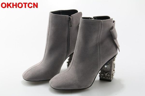 

boots fashion women cow suede winter shoes square toe back bowtie thick rhinestone heel solid ankle runway chaussure femme hiver, Black