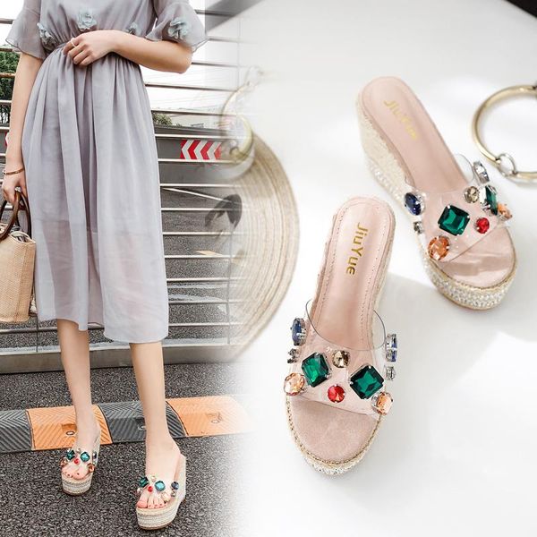 

slippers sandals ladies summer wear platform 2021 rhinestone high heel wedge, Black
