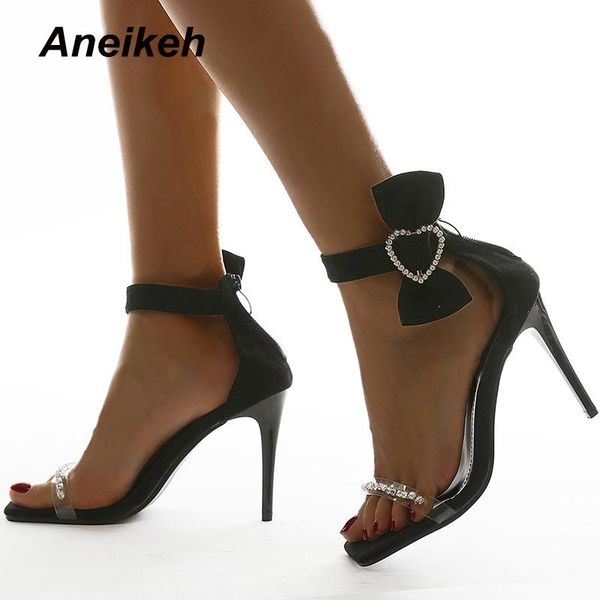 

sandals aneikeh sandalias mujer sweet fashion metal decoratio butterfly-knot 2021 summer high heels crystal patchwork women's shoes, Black