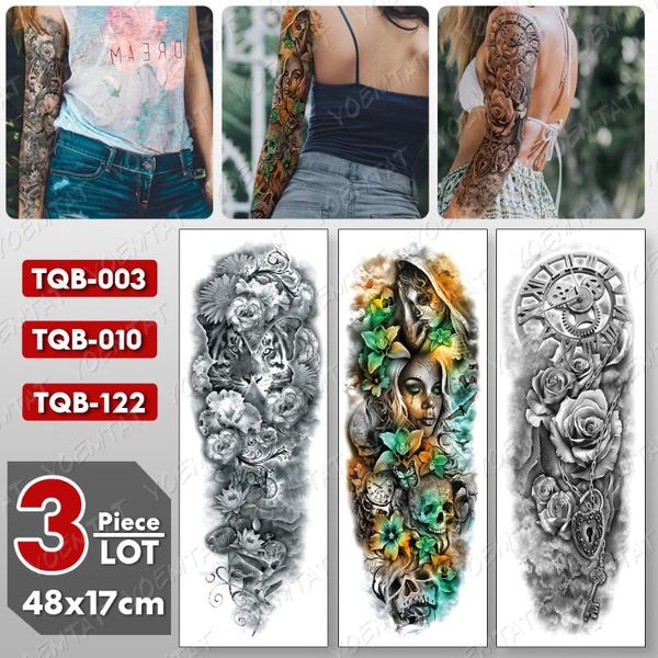 

temporary tattoos 3 pcs/lot large arm sleeve tattoo tiger flower lotus waterproof tatto sticker clock lock leg body art full fake tatoo