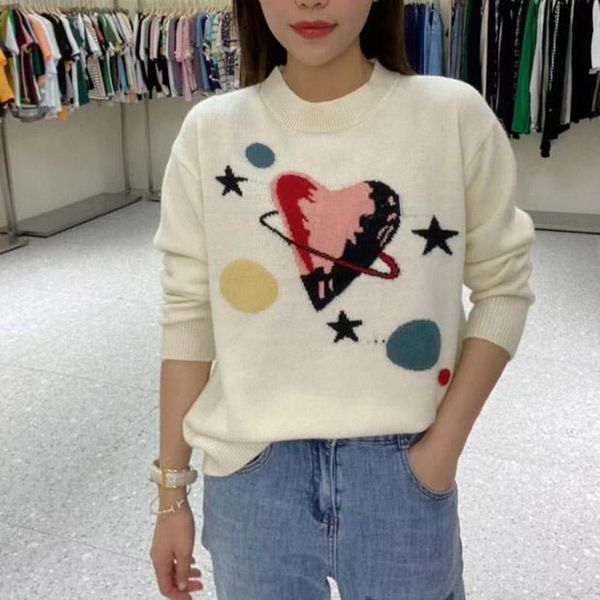 

women's sweaters love heart star embroidery pullover sweater women jumpers 2021 autumn winter black white crew neck knitwear, White;black