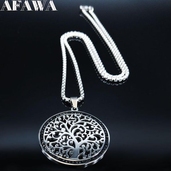 

pendant necklaces 2021 tree of life black color crystal stainless steel chain necklace silver women jewelry moda mujer n78s02s01