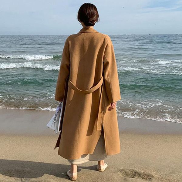 

women's wool & blends hepburn style slit thin pure handmade cashmere coat 2021 winter korean suit collar belt, Black