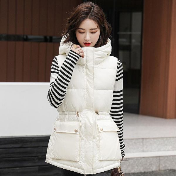

women's vests 2021 fashion women winter vest hooded warm korean solid white sleeveless waistcoat with big pockets woman jacket black, Black;white