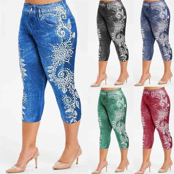 

printed false denim short 3 womens legging jeans high waist breeches capri pants super elastic jeggings, Black