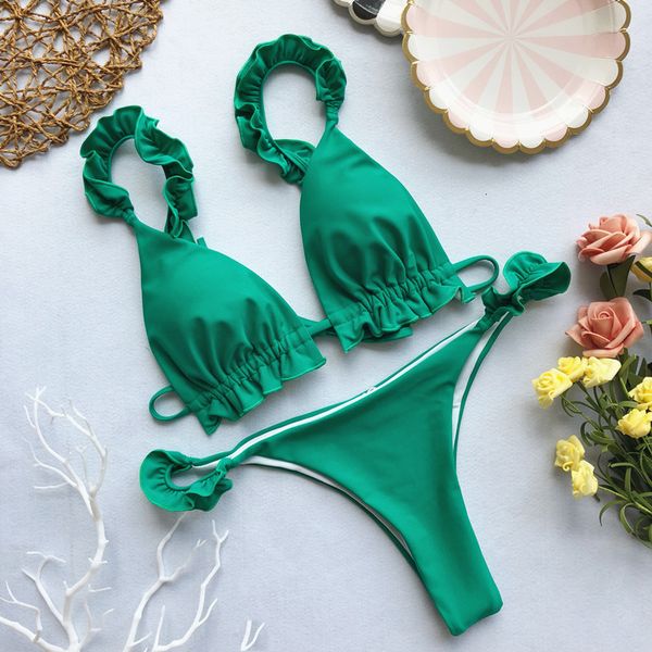 

women brazilian bikini 2021 swimsuit swimwear bikinis set ruffle thong biquini high cut swimming bathing suits beachwear, White;black