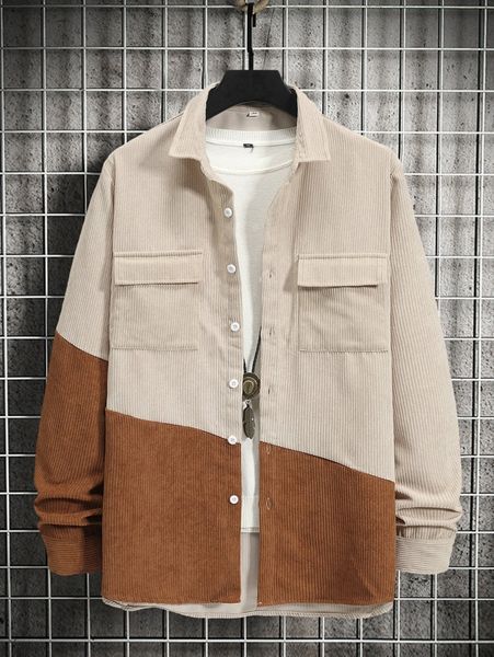 

romwe guys colorblock corduroy button front shirt without tee g9ya#, White;black