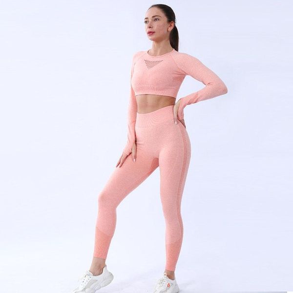 

yoga outfit women seamless set gym long sleeve crop high waist sport leggings academic workout clothes for sportwear