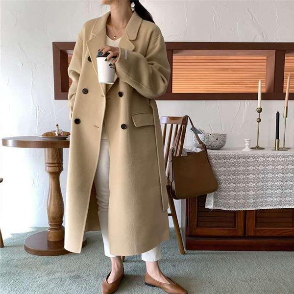 

women's wool & blends ewq 2021 autumn and winter loose double-breasted turn-down collar lace up korean style large size black woolen co