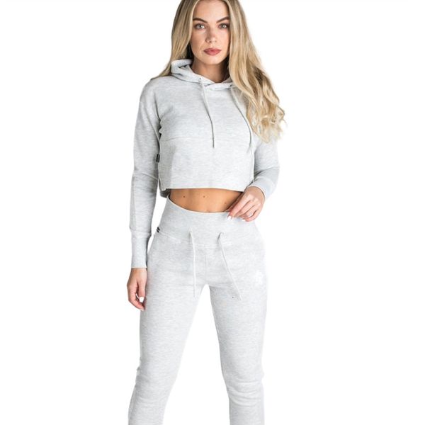 

women training suit hip hop crop broek effen color long mouw trui kant up navel bloot kap two delicious set, Gray