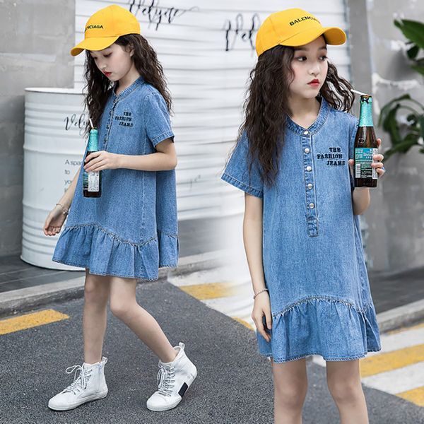 

summer new fashion denim dress for girls short sleeve button casual loose childrens clothes big girls costume age 3-10t, Red;yellow
